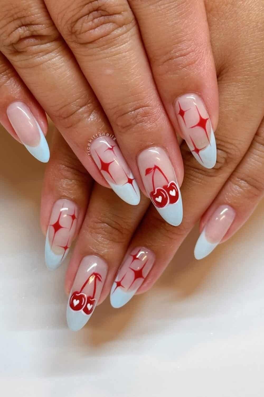 cherry-fic: terrific cherry designs on almond-shaped french nails