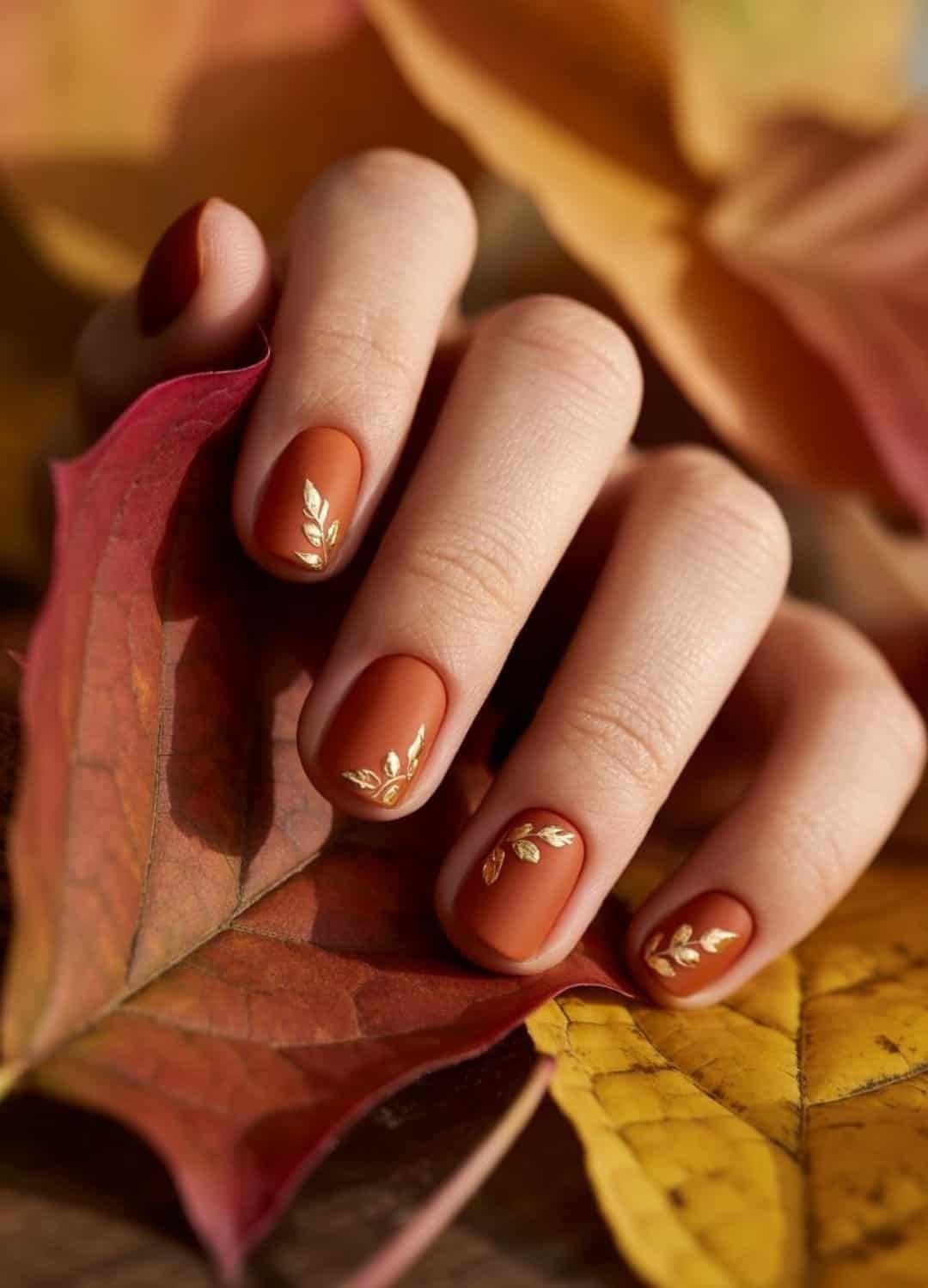 Clear Image of Autumn brown Background with Golden Leaves nail design