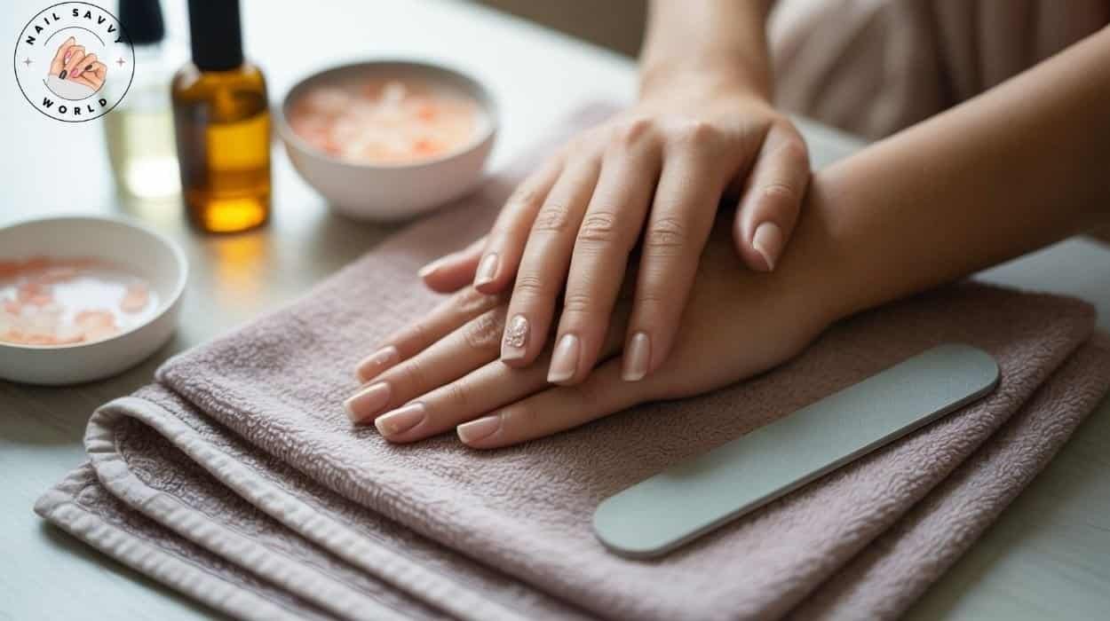 Hands placed on a towel with nail care tools and a soaking bowl — step-by-step guide on how to repair damaged nails at home.