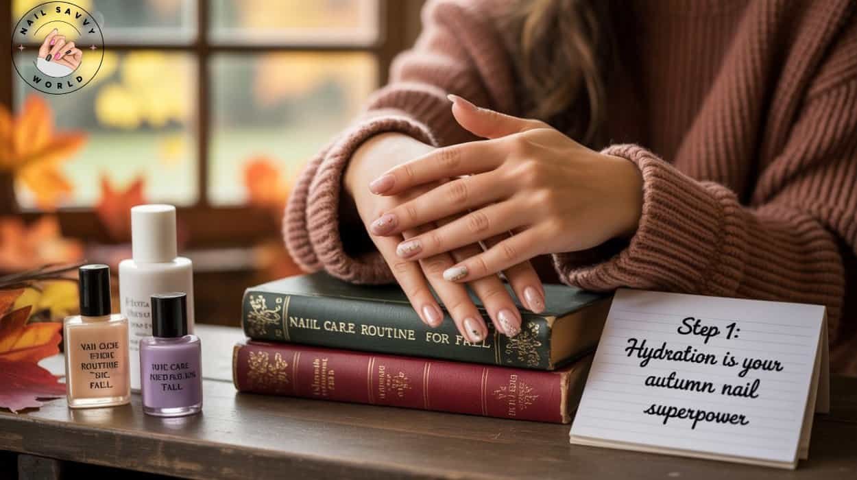 Nail Care Routine for Fall – a lady’s hand with fall nail art and polish holding a nail care manual for stronger, healthy nails in autumn.