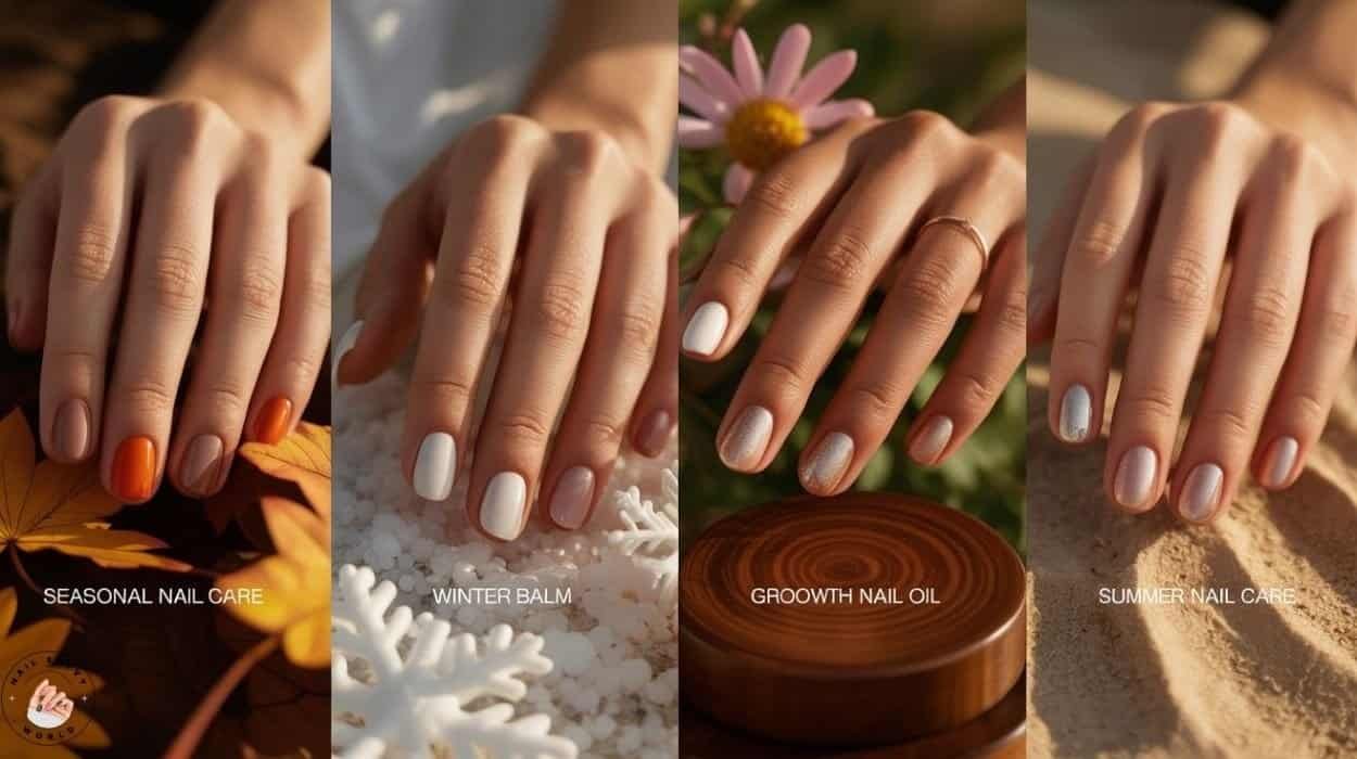 Seasonal nail care 2025 – nail oils, polishes, and hand creams arranged with spring blossoms, summer fruits, autumn leaves, and winter knits to show how to adjust your nail care routine for every season.